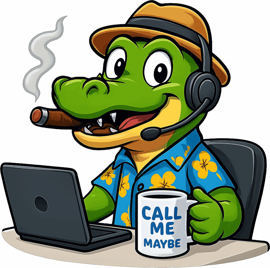 Billy Gator mascot wearing a headset and working on a laptop for customer support and design consultation.