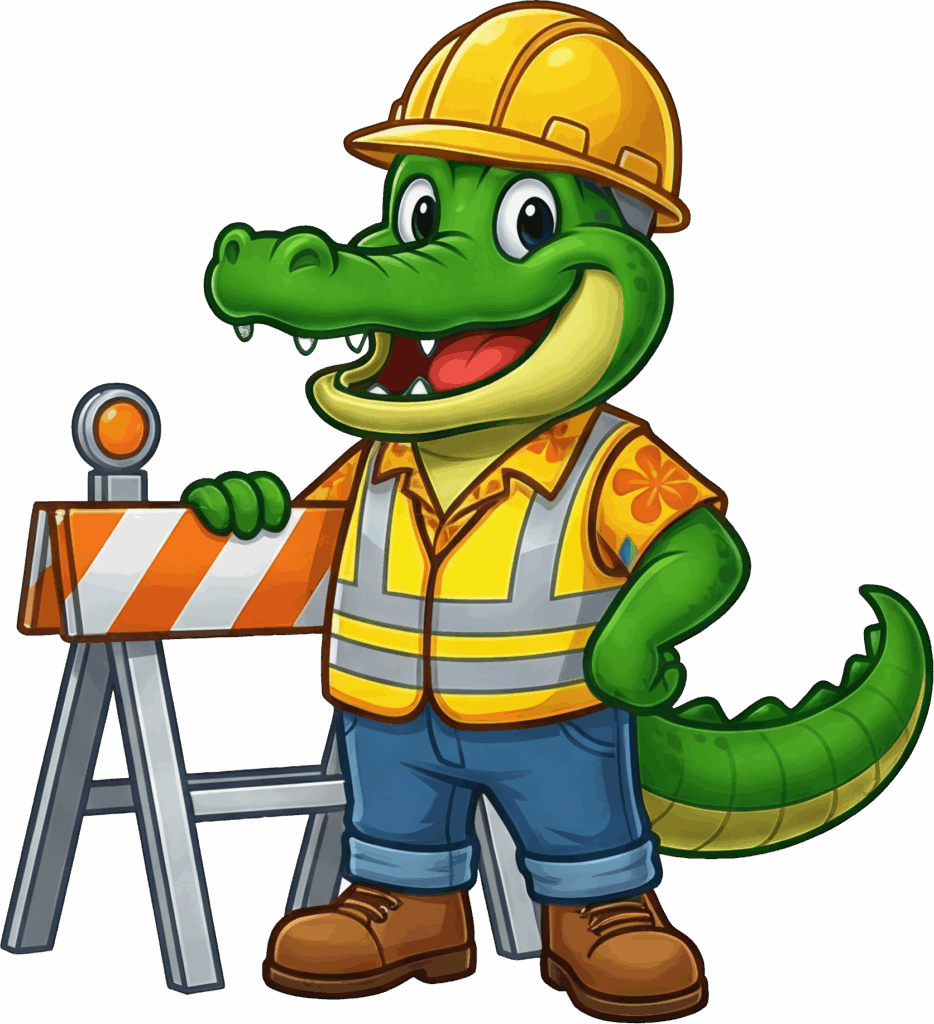 800x1080 Billy Gator mascot in the design studio, offering custom design services on multiple computer monitors.
