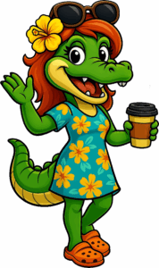 Daphne Gator female mascot, waving and holding a coffee, wearing a tropical dress and sunglasses.