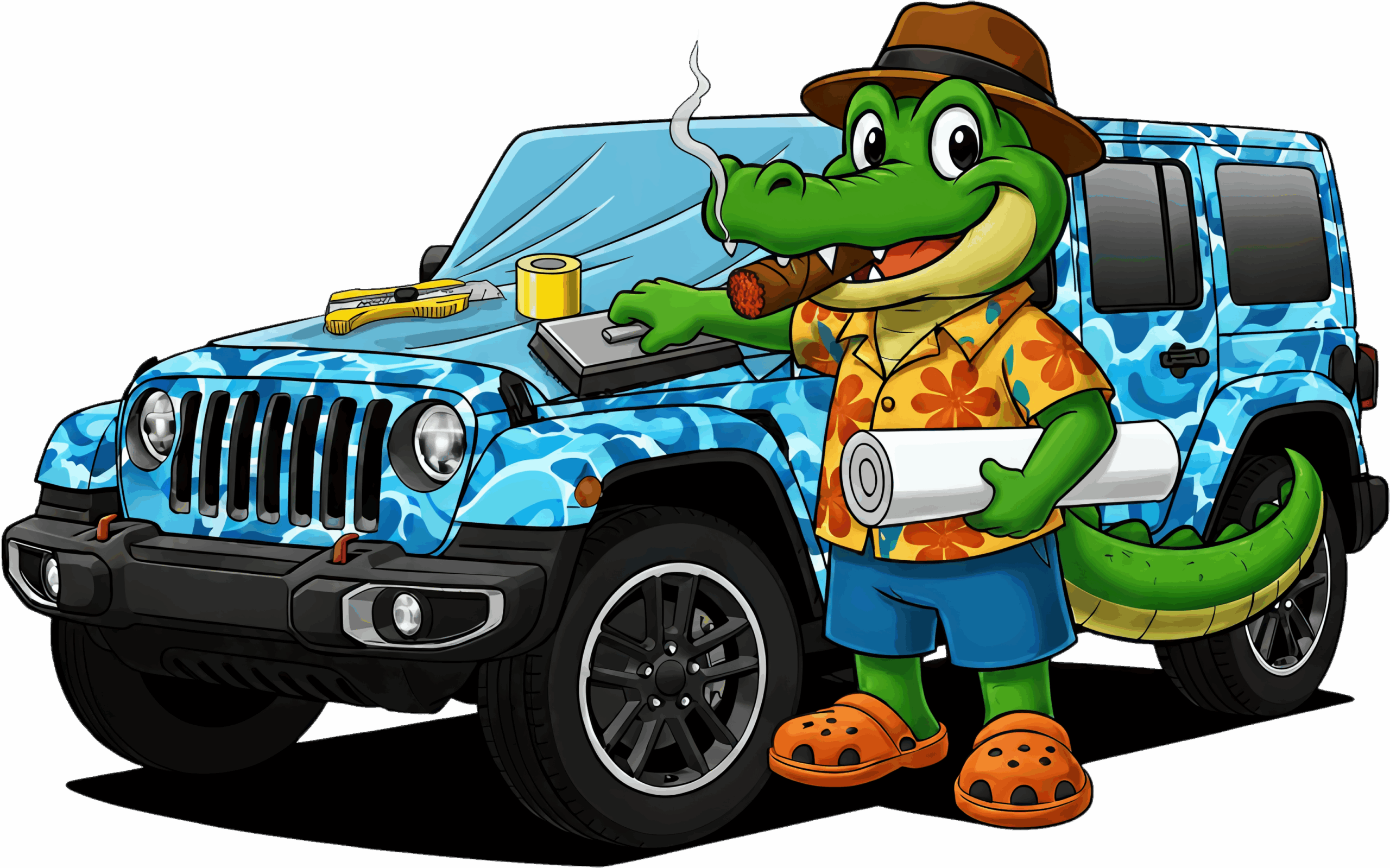 Gator Grafix Mascot alligator applying a blue camouflage vinyl wrap to a black Jeep Wrangler