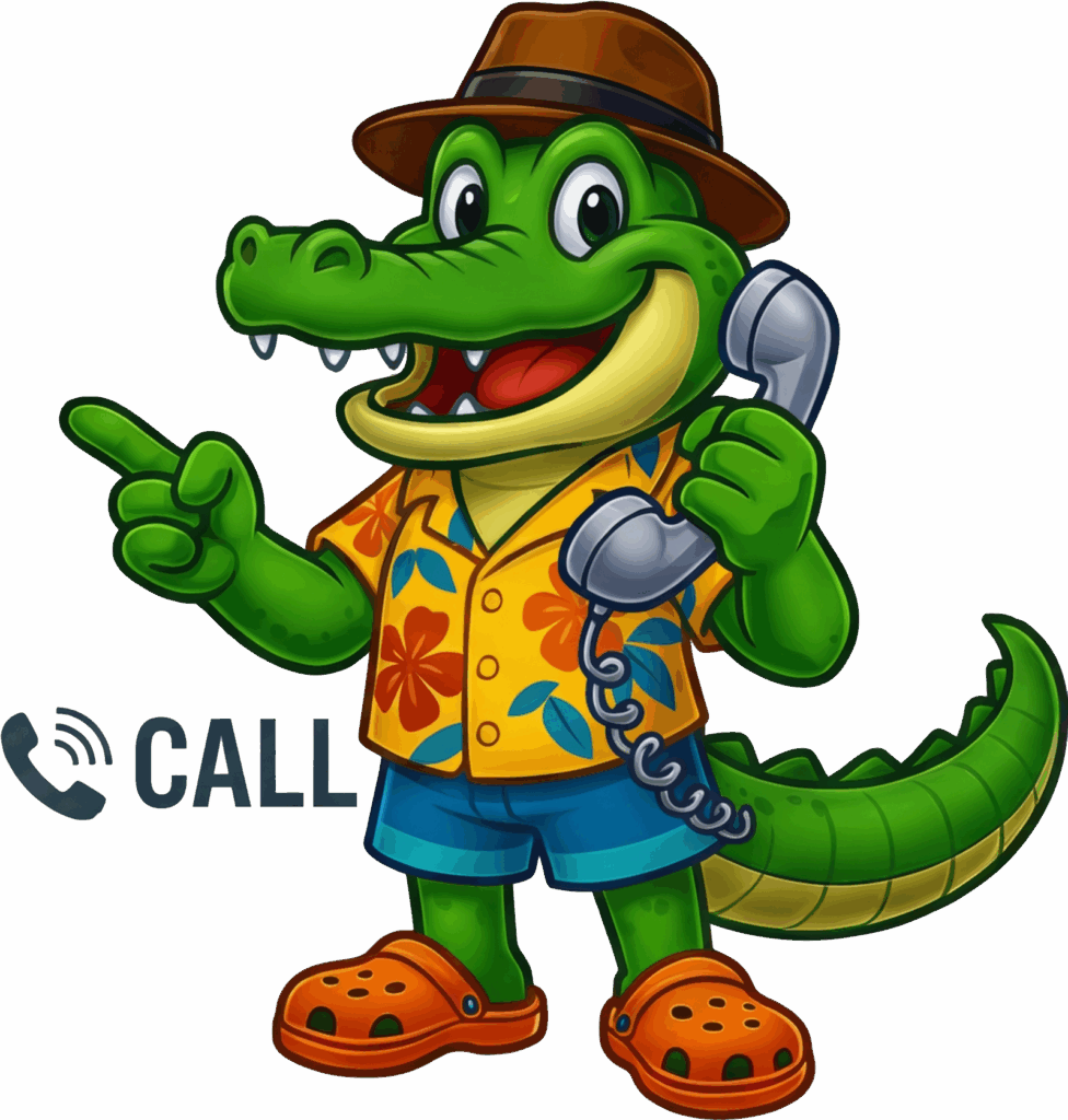 Gator Mascot holding a phone receiver, pointing to a 'CALL' icon for immediate customer contact.