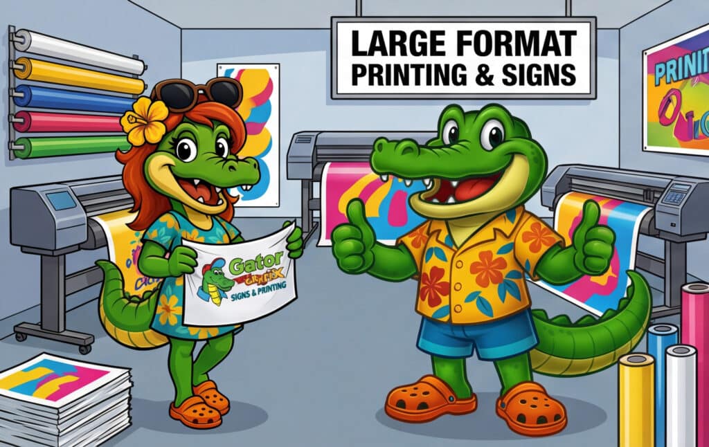 Billy and Daphne Gator next to wide format printers for large format printing and commercial signs.