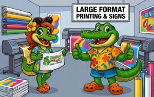 Billy and Daphne Gator next to wide format printers for large format printing and commercial signs.