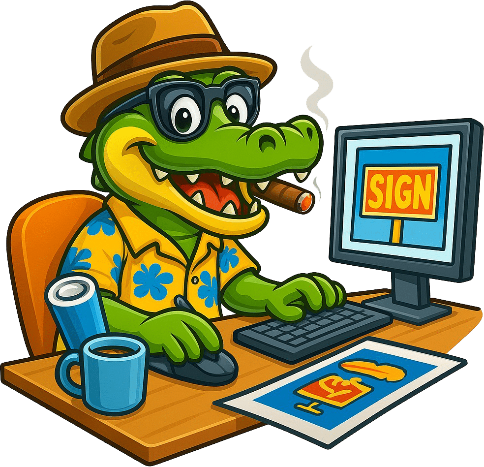 Cool Gator mascot with sunglasses and cigar designing a sign on a computer.