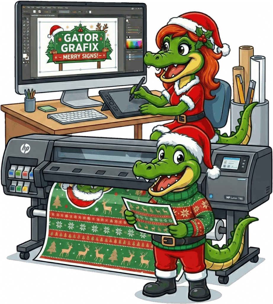 Billy and Daphne Gator in Santa outfits designing and printing holiday signs on an HP wide-format printer.