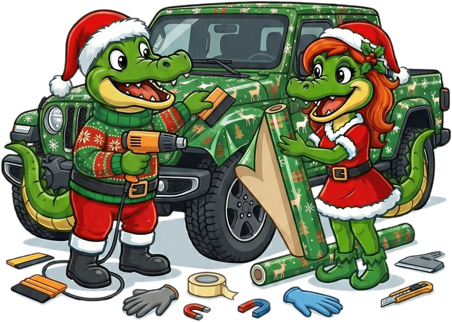 Billy and Daphne Gator installing a festive Christmas pattern vinyl wrap on a Jeep.