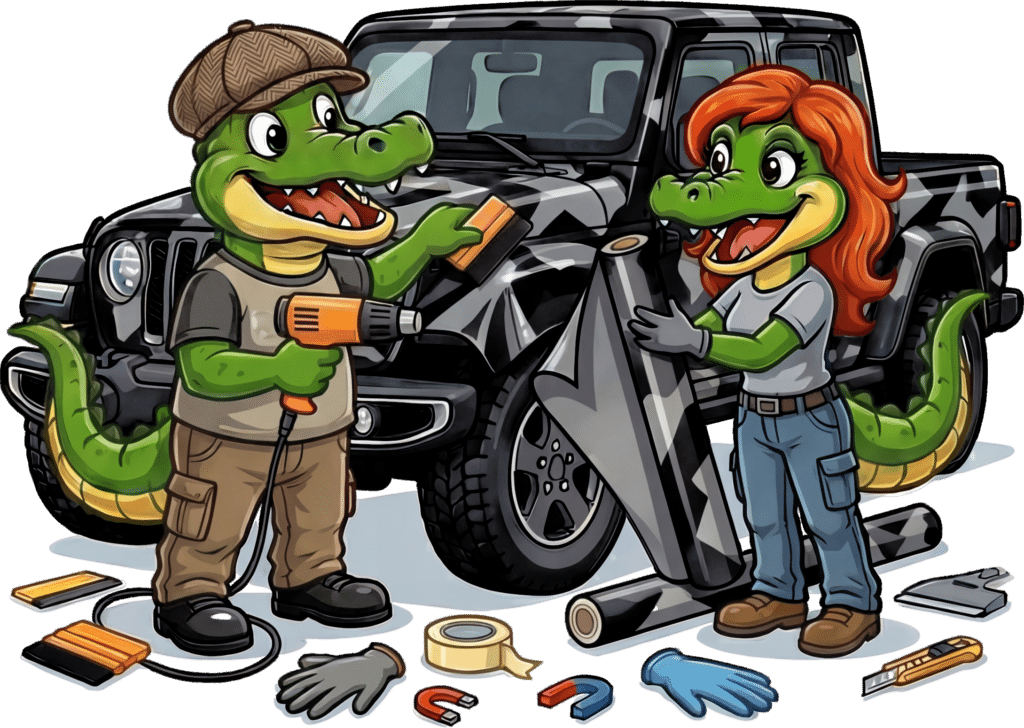 Billy and Daphne Gator installing a custom black camouflage vinyl wrap on a Jeep Gladiator truck.