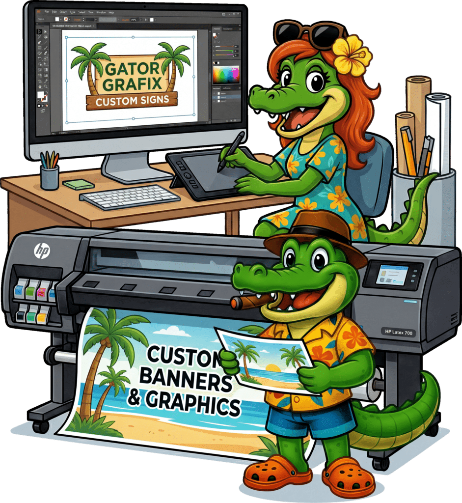 Daphne Gator designing a custom sign on a computer while Billy Gator holds a fresh banner print from an HP wide-format printer.